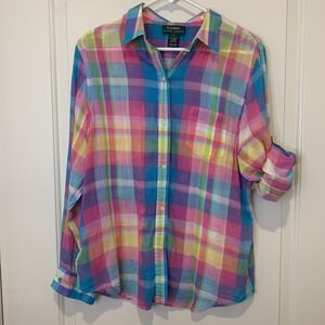 Lauren Ralph Lauren Button Down Shirt Roll Tab Sleeves Bright, Light Weight LGE